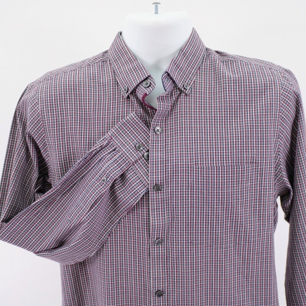 Van Heusen Slim Fit Red Blue Gray Plaid Pocket Button Down Flip Cuff Large Long‎